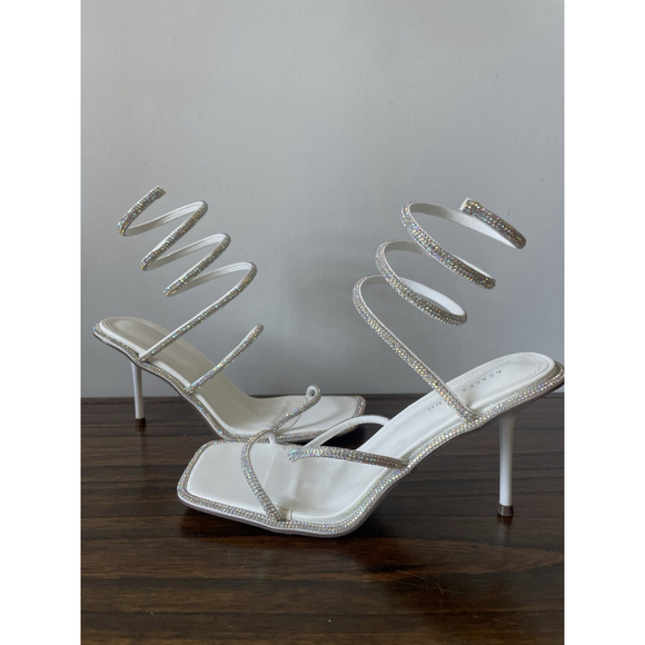 Azalea Wang NIB Square Toe Silver Rhinestone Ankle Wrap Heels Size 9 - Picture 4 of 9